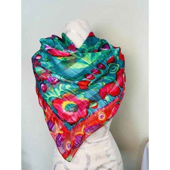VTG Boho Beautiful Vibrant Floral Pattern Silk Scarf- 33.5X33.5in